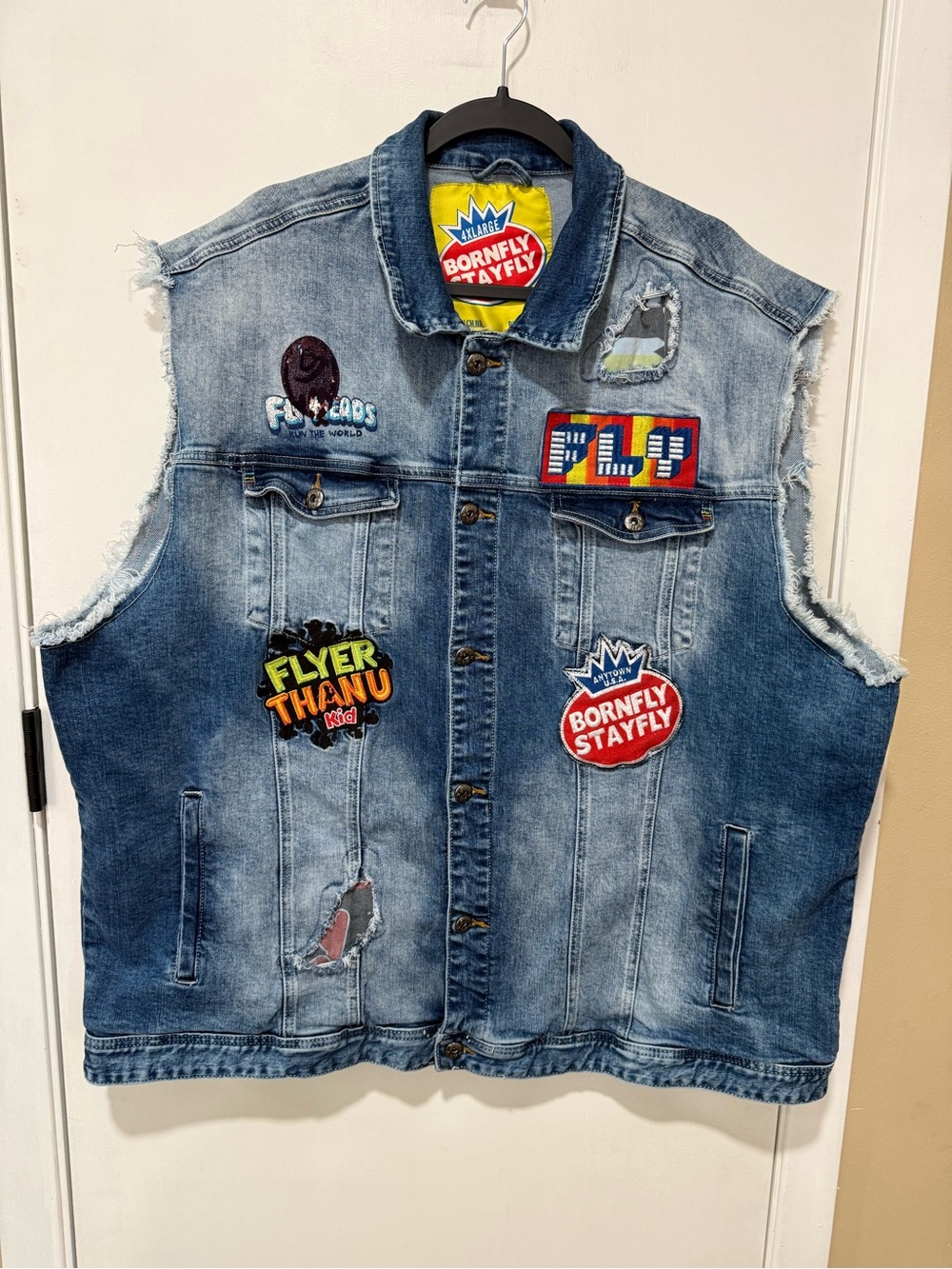 Distressed Blue Denim Sleeveless Vest with Patchwork